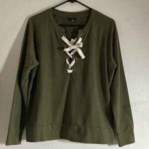 A.N.A Women's Olive Pull Over Lace Up Sweatshirt Large